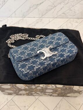 Celine Blue Denim  Triomphe Claude Chain Shoulder Bag